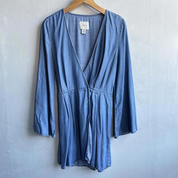 Guess LA Western Small Chambray Blue V Neck Wrap Mini Dress Long Bell Sleeve - Picture 5 of 13